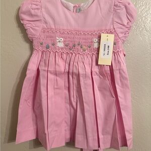 Pink Smocked Baby Dress with Bunny Embroidery
